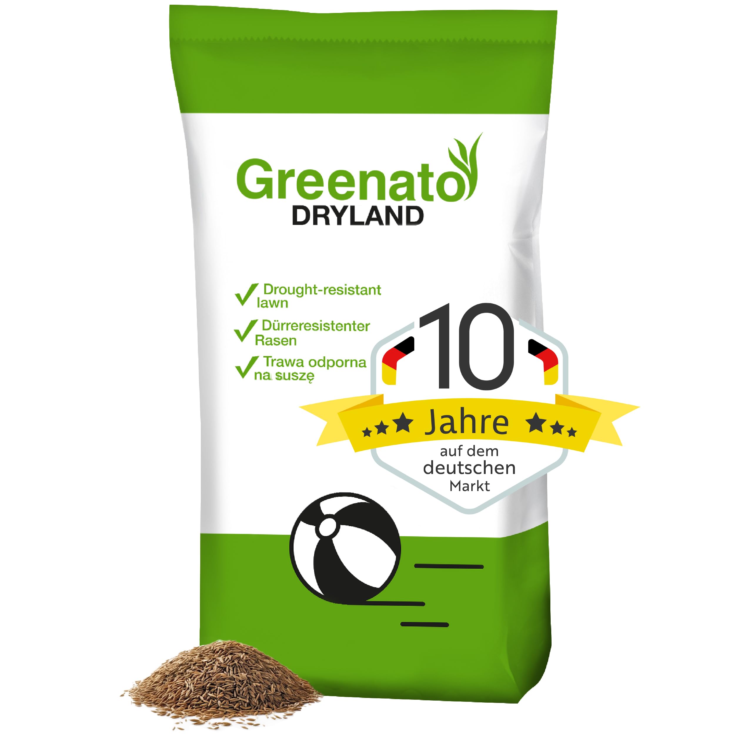 Rasensamen trockenresistent Greenato Dryland 15kg – dürreresistenter Trockenrasen Turbo Rasensamen schnell keimend Frühjahr und Herbst Grassamen Unkrautvernichter Rasen Rasensaat - für 600m²