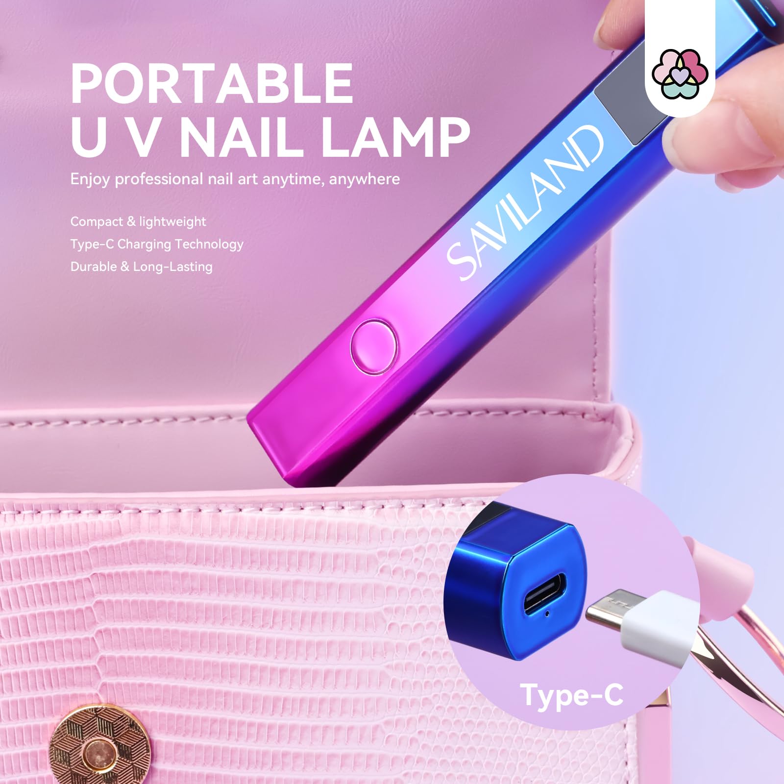 Saviland Mini Lampada UV LED Unghie, Lampada per Unghie Senza Fili 12W, Lampada per Unghie Portatile con Display LCD, Torcia Elettrica per unghie Gel Sciugatura Rapida Blu Viola