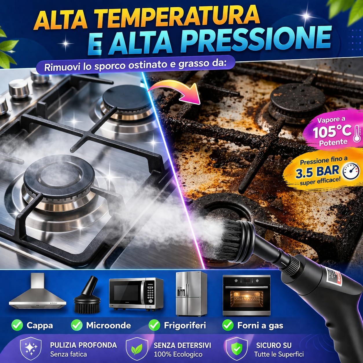 Pulitore a Vapore Portatile 2500W ad Alta Pressione – 6 Velocità Regolabili, Serbatoio 1200 ml, 3 Testine Incluse – Ideale per Casa, Cucina, Bagno, Finestre e Auto