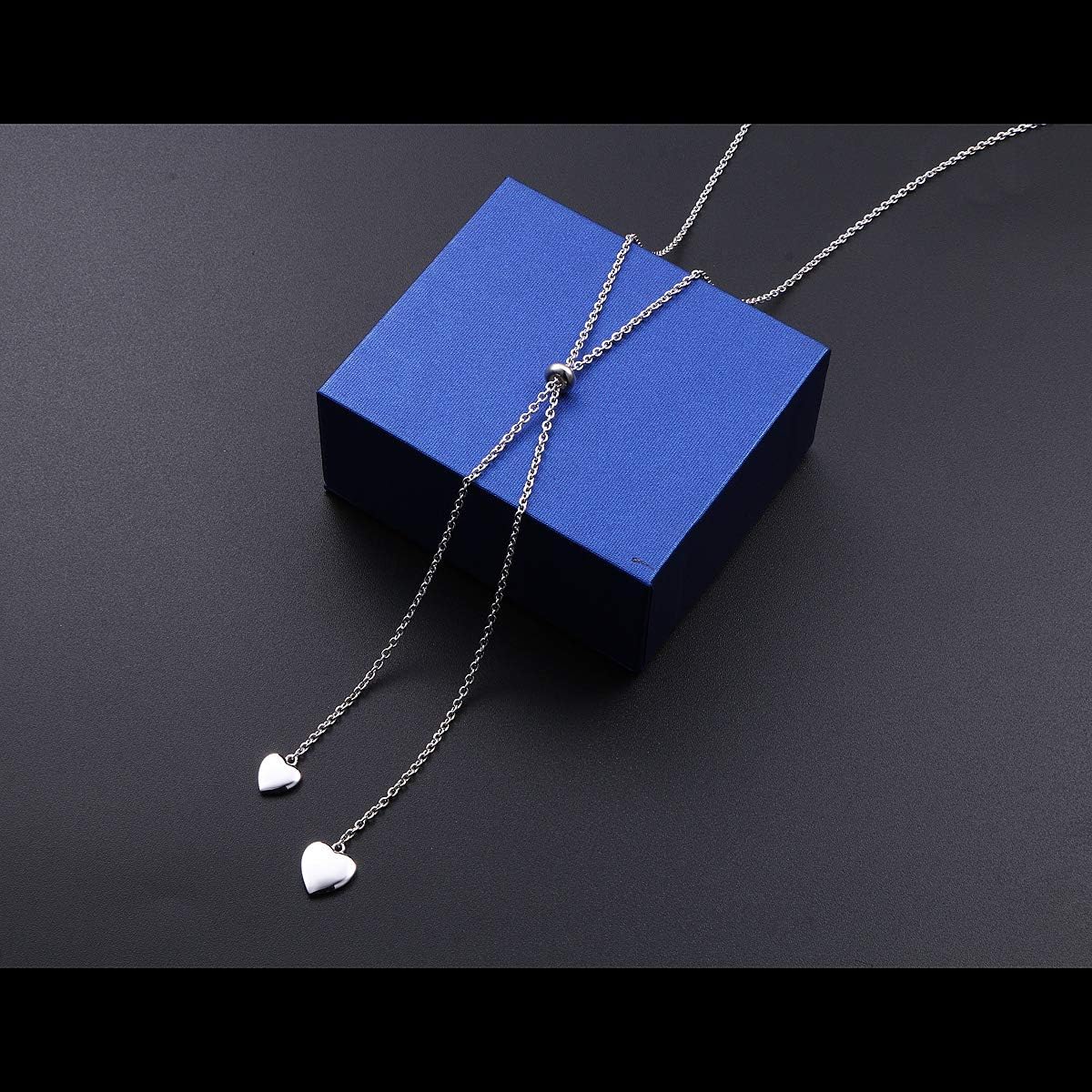 FLYOW Long Chain Dainty Lariat Necklace Simple Style 925 Sterling Silver Heart Pendant Adjustable Y Shaped Necklace Jewelry