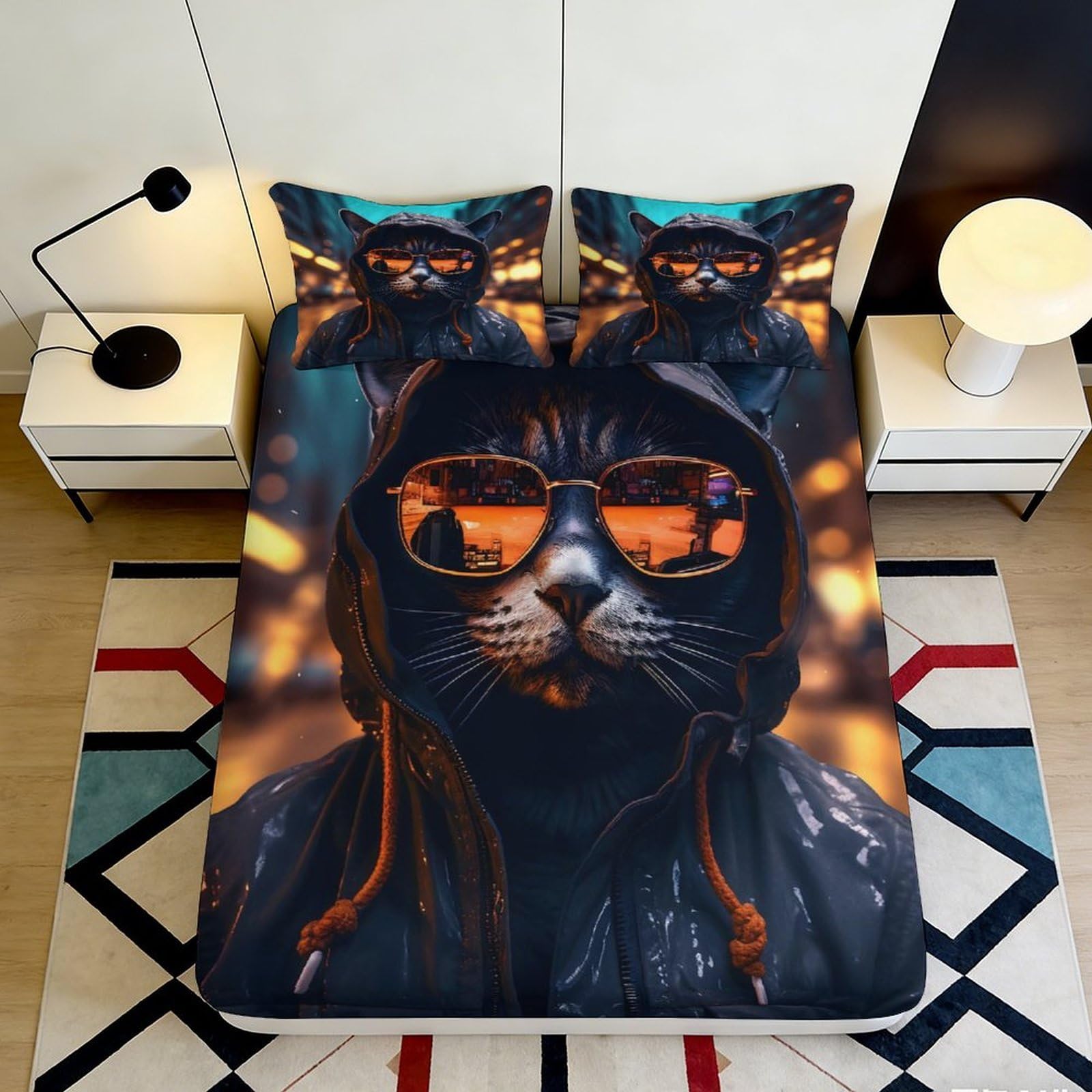 3D Printed Cool Cat with Sunglasses Fitted Sheet Microfiber Soft Mattress Cover for Bedroom Dorm Decor 90x200x25cm