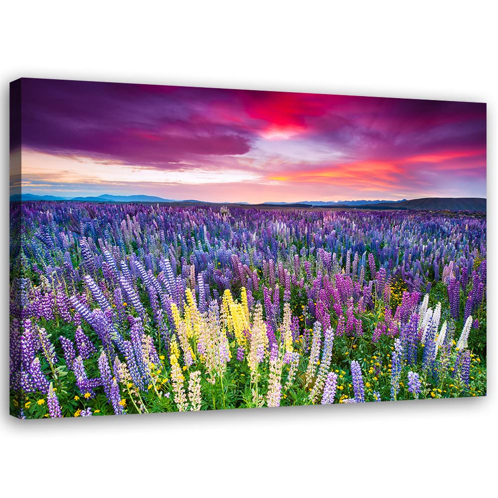 Feeby Vlies Leinwandbild XXL Abendhimmel Blumen Wiese 120x80 cm Wandbild Kunst Bilder Schlafzimmer Deko Wohnzimmer Pflanzen Horizont Abend Blau