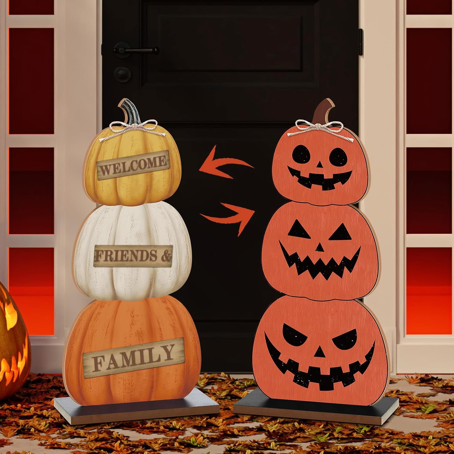 ( only 1 pcs )Fall Halloween Pumpkin Porch Signs Decor 22'' Double Side Wooden Large Pumpkin Front Porch Sign Yard Tabletop Door Wall Farmhouse Decorations for Halloween Thanksgiving Home Party Outdoor Indoor