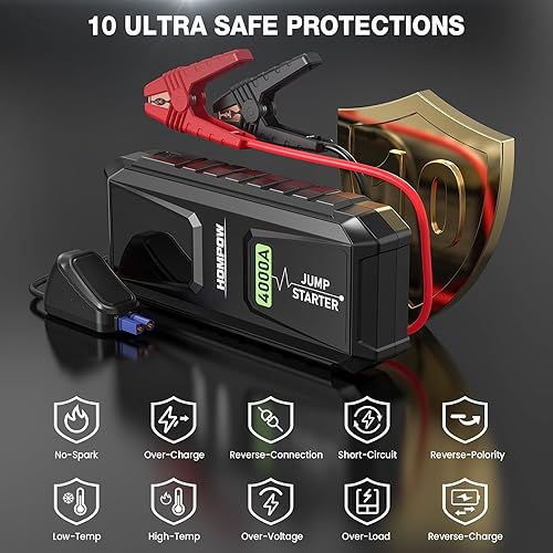 Miniatura 5 de Arrancador de coche, batería de arranque de pico de 4000 A con puerto de carga rápida de 60 W (hasta todo el motor de gas y diésel de 10 L), caja de