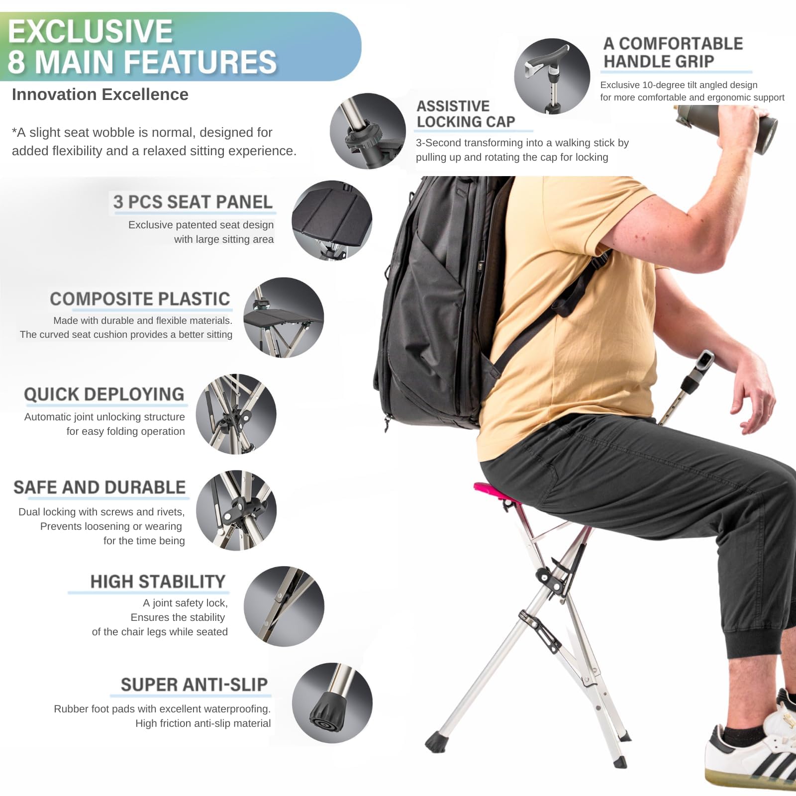 Ta-Da Chair PRO - Bastone da Passeggio con Sedile, Sgabello Pieghevole in Alluminio Ultraleggero (Max 120kg), Design Compatto per Viaggi e Visite - Nero, Altezza Regolabile
