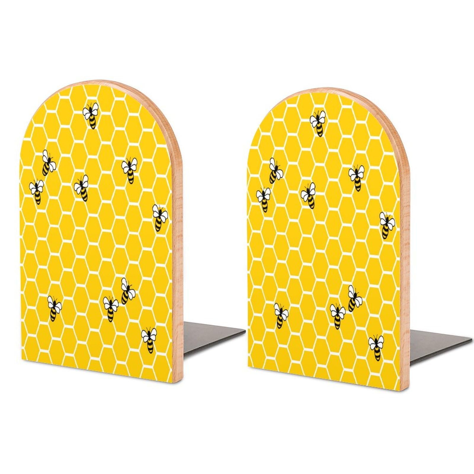 2 Pack Wood Bookends, Honeycomb Bees Yellow Geometric Non Skid Book Ends for Heave Books, Decorative Bookends for Shelves Desk, Book Stoppers Book Holders for Home Office Library School