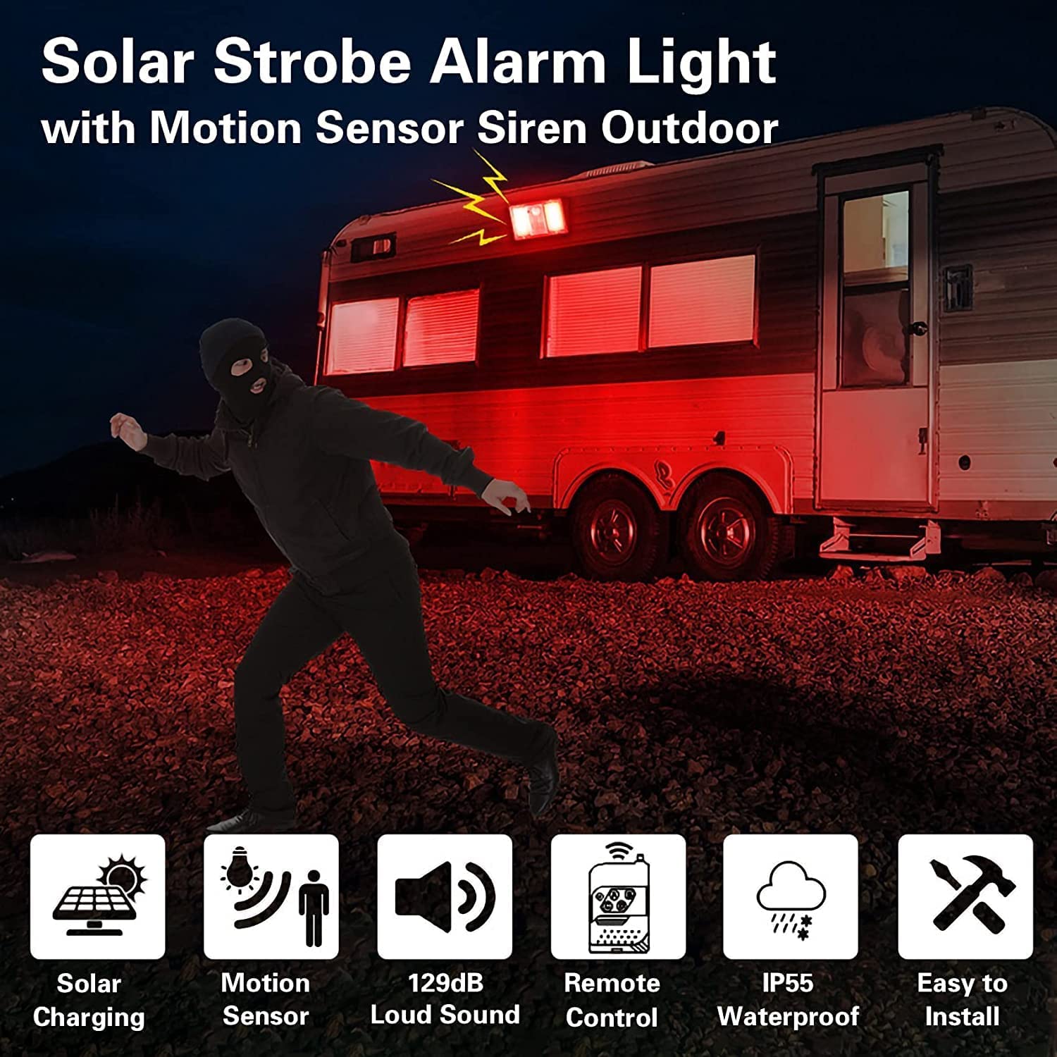 KINGCOO Solarny czujnik ruchu, alarm dźwiękowy, lampa do kampera, 129 dB, syrena, czerwone światło stroboskopowe, białe światło bezpieczeństwa, ściana, światło powodziowe, do rekreacyjnej podróży pojazdu, na zewnątrz, kemping, podwórko, willa, stodoła, ga