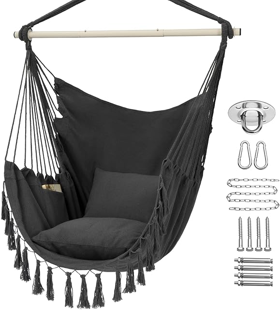 Y- STOP Hammock Chair Hanging Rope Swing, Max 330 Lbs, 2 Cushions Included, Large Macrame Hanging Chair with Pocket, Cotton Weave for Superior Comfort, Durability (Grey)