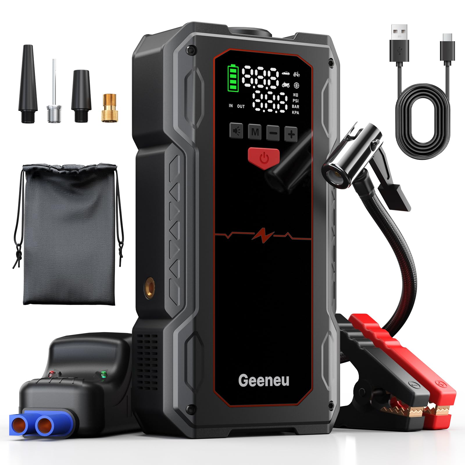 Geeneu Jump Starter with Air Compressor, 4000A Car Battery Charger Jump Box | Portable 150 PSI Tire Inflator and Battery Jumper, 12V Booster Power Pack(9.0L Gas/7.5L Diesel) with Jumper Cable