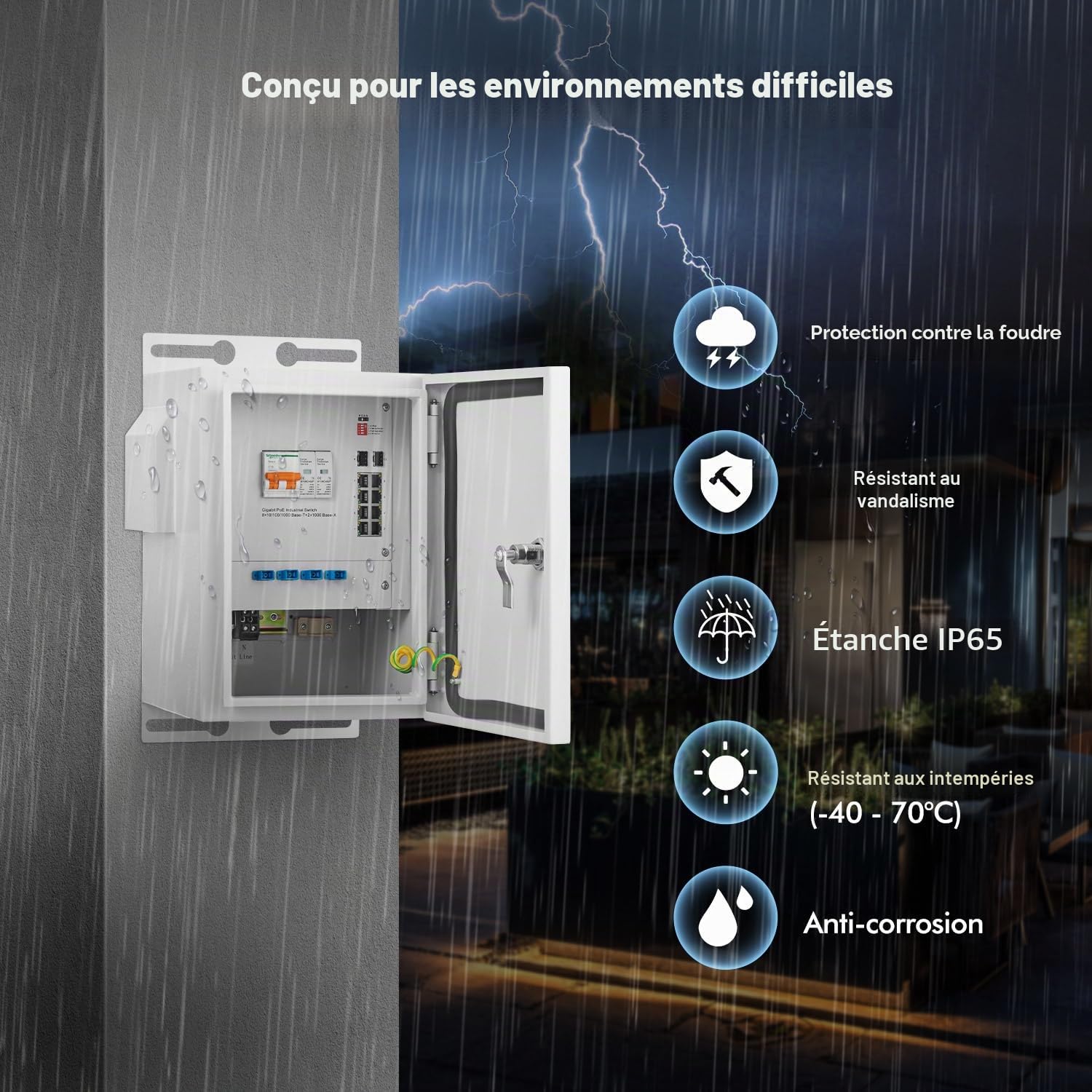 MokerLink Boîtier industriel intérieur/extérieur 8 ports Gigabit PoE+ SFP 2 ports 1000BASE alimentation IEEE802.3af/at 246W Plug and Play métal IP65 -40 à 70
