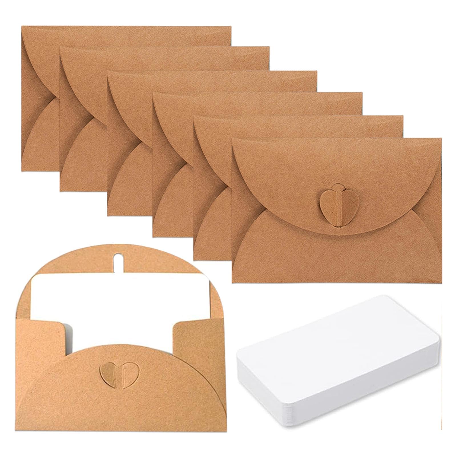 30 Pack Mini Envelopes with 30 Blank Cards, Small Brown Envelopes, Vintage Mini Kraft Paper Envelope with Heart Clasp for Gift Cards, DIY Thank You Card, Party Invitation