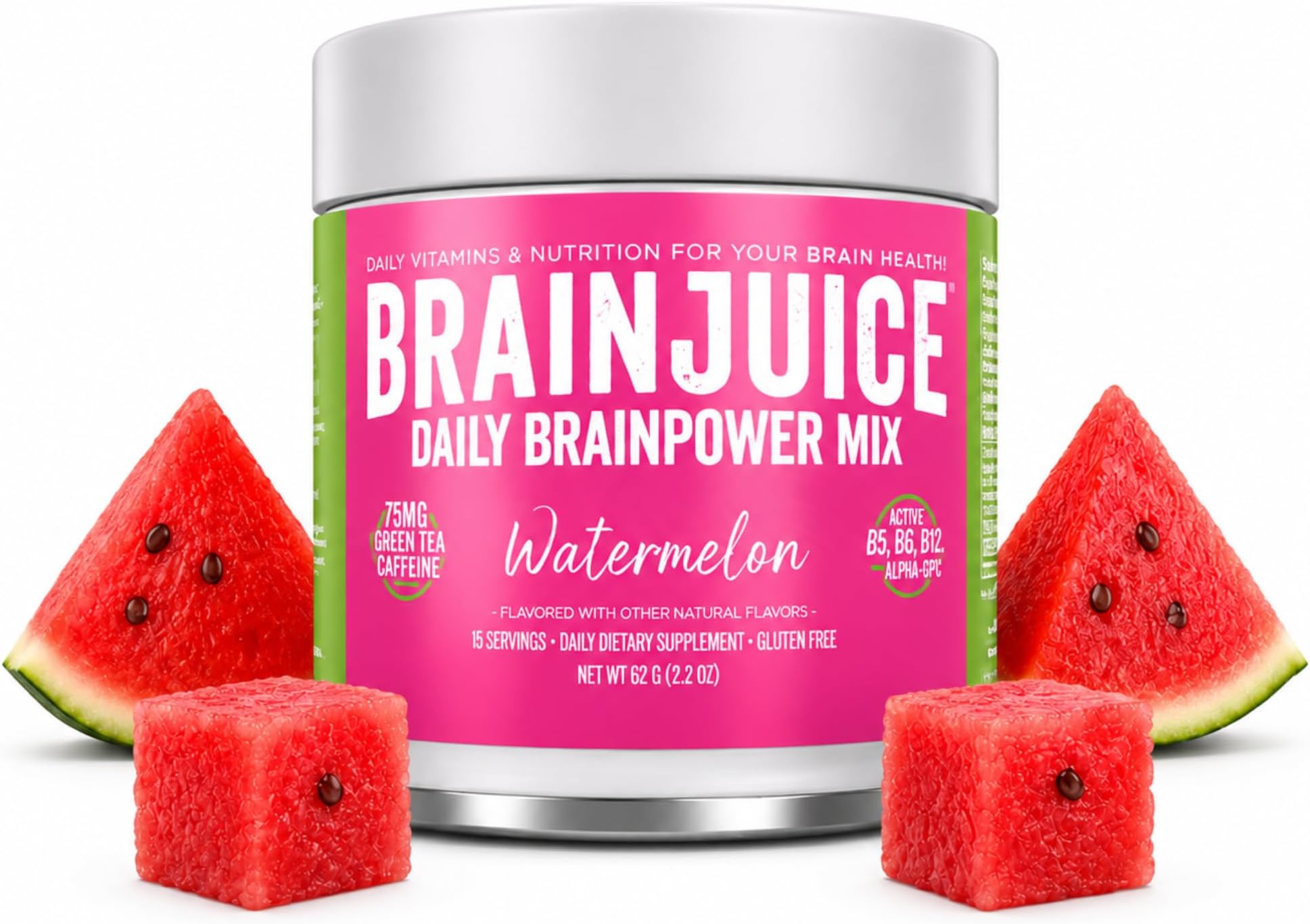Nootropics Brain Support Supplement, Gluten Free Powder for Energy and Focus, Drink Mix with L Theanine, Alpha GPC, Vitamin B, Organic Green Tea Extract Caffeine, Watermelon, 15 Servings