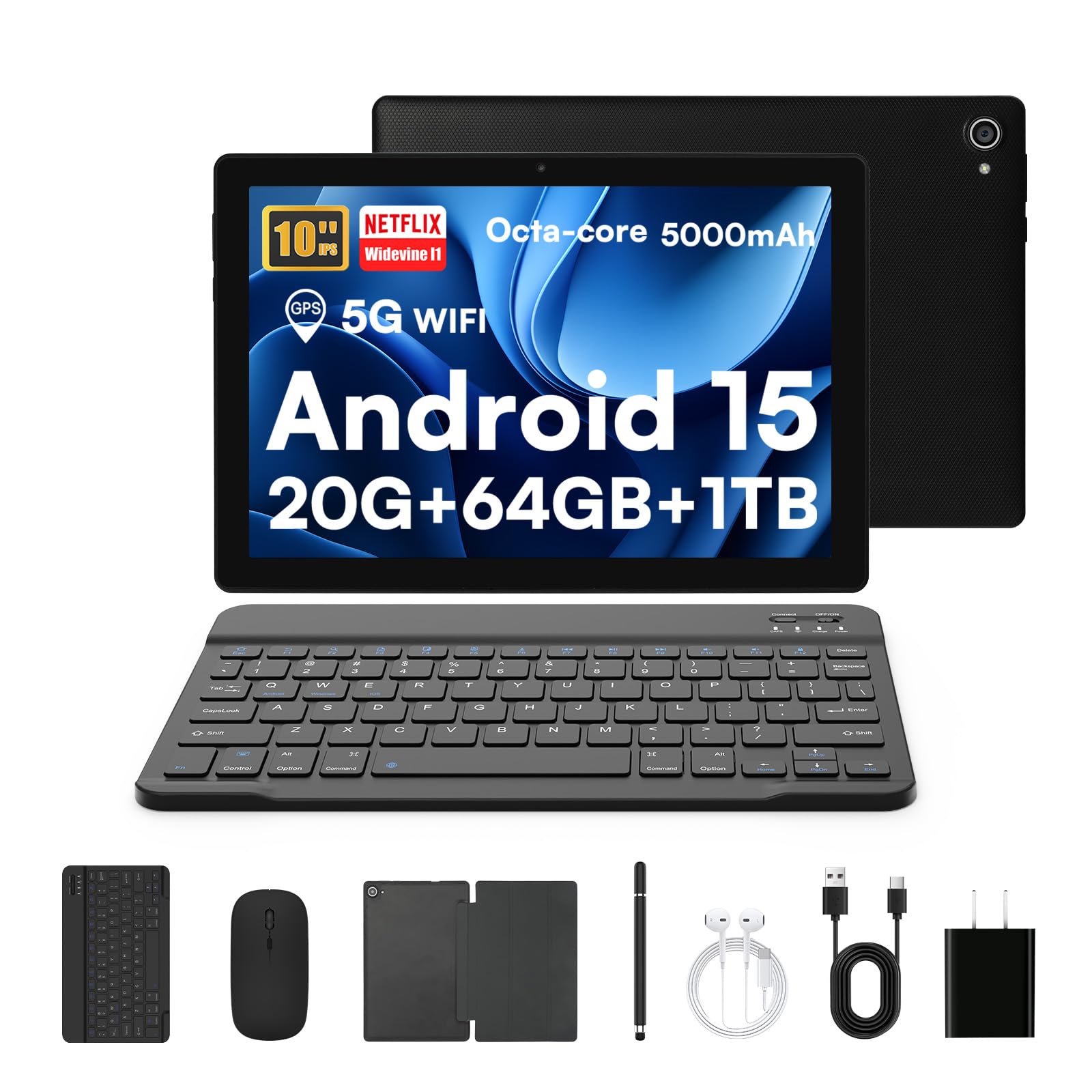 Laptok Tablet, Android 15 Tablet 10 Pollici Con Tastiera, 20GB+64GB+1TB, Octa-Core, Face ID, Tablet PC Con WIFI 5G, Bluetooth 5.4, Widevine L1, 5MP+8MP, 1280 * 800 HD, 5000mAh,2 Anni Garanzia(Nero)