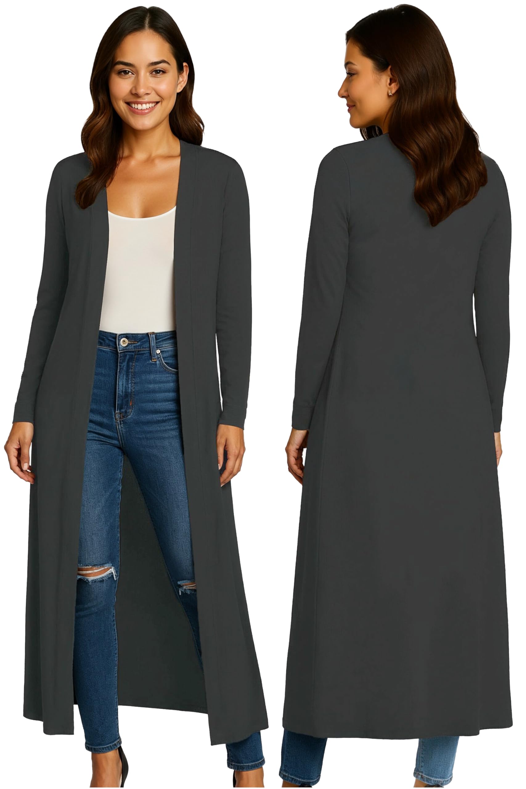 Re Tech Uk Women's Charcoal Dark Grey Maxi Plus Size Long Cardigans For Uk Collared Top Long Full Sleeve Floaty Cardigans Coatigans Sizes 8-26 (Charcoal - Xxxl)