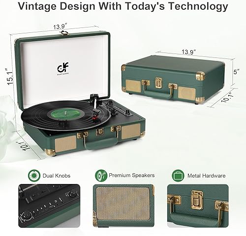 Miniatura 4 de Tocadiscos Bluetooth Vintage de 3 velocidades con altavoces estéreo integrados, grabación USB y parada automática portátil LP con RCA Ouput AUX,