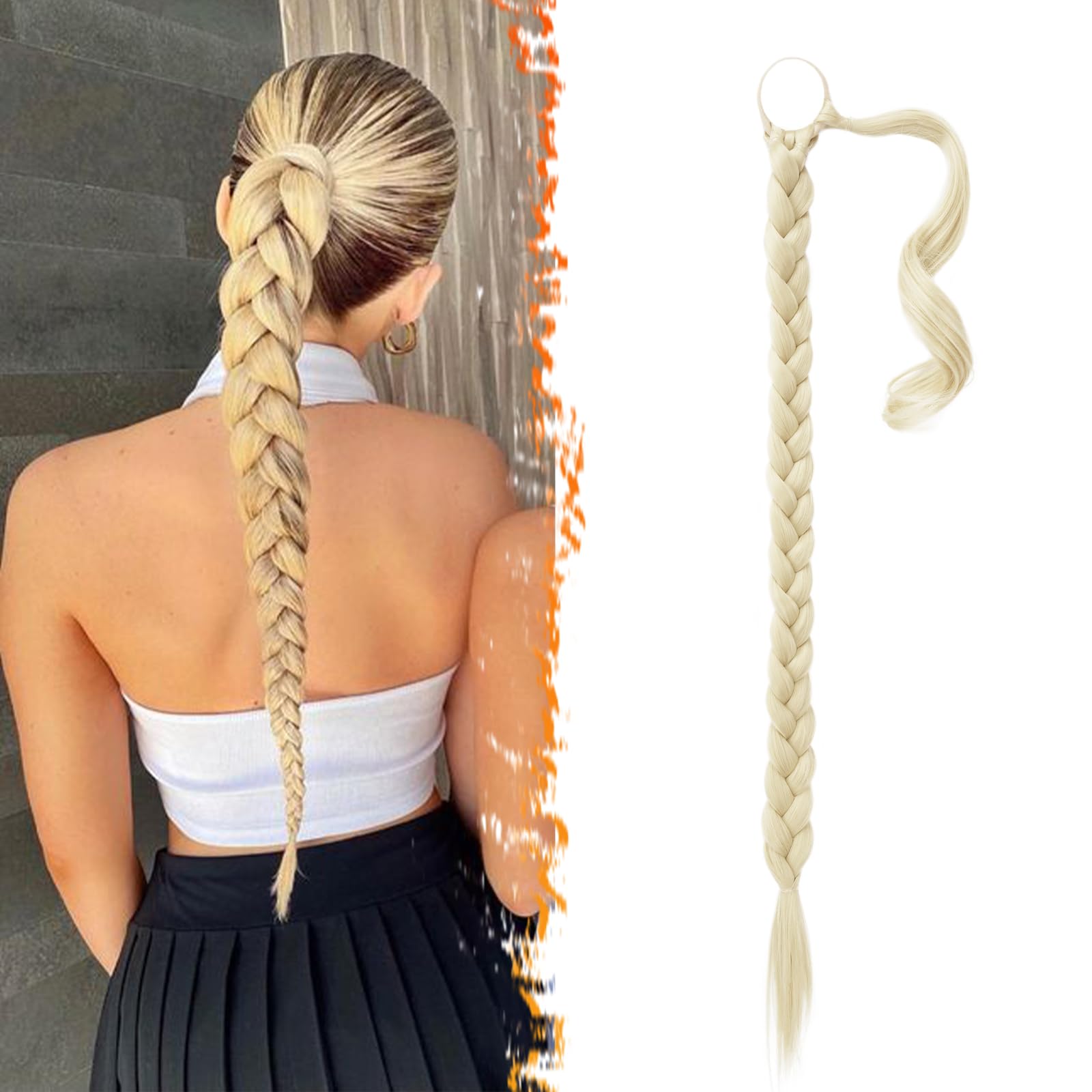 BARSDAR 66cm Langes geflochtenes Pferdeschwanz-Verlängerungsgummiband, gerade umwickelter Zopf, Haarverlängerungen, Pferdeschwanz, DIY, natürliches, weiches, synthetisches Haarteil für Frauen
