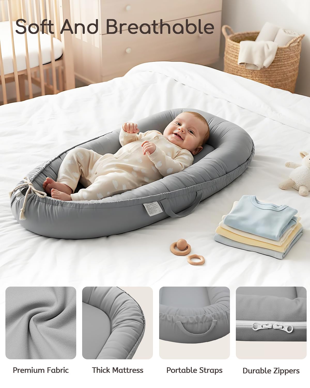 Baby Lounger - Infant Lounger for Newborn 0-24 Months, Pure Cotton Breathable Baby Nest Lounger Cover, Newborn Essentials for Baby Boys & Girls, Portable Baby Lounger for Home and Travel