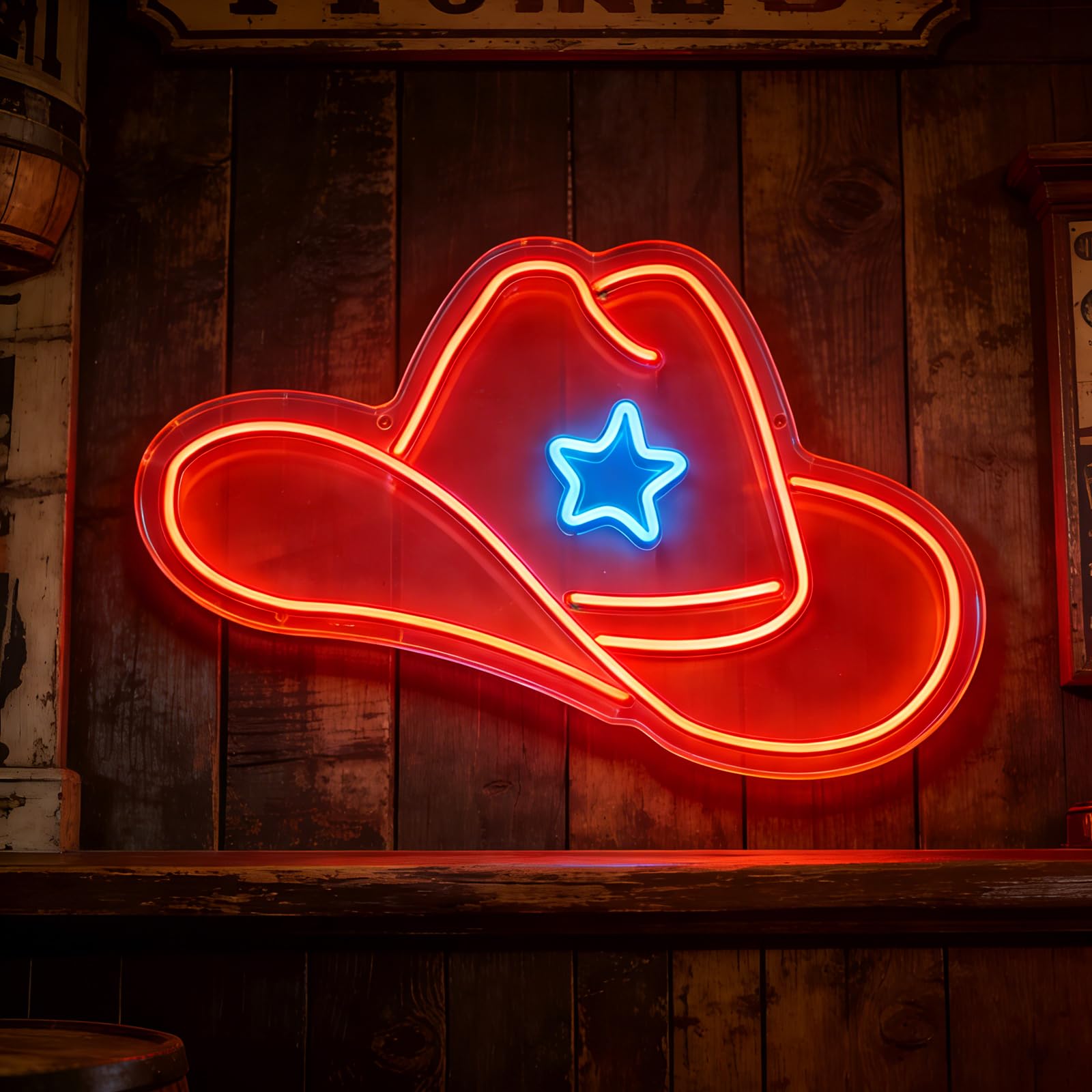 Cowboy Hat LED Neon Sign Red Hat Blue Star Light Up Sign with Hanging Chain for Wall Decor Dimmable Acrylic USB Powered Neon Wall Art Light for Pub Bedroom Balcony and Small Courtyard Decor