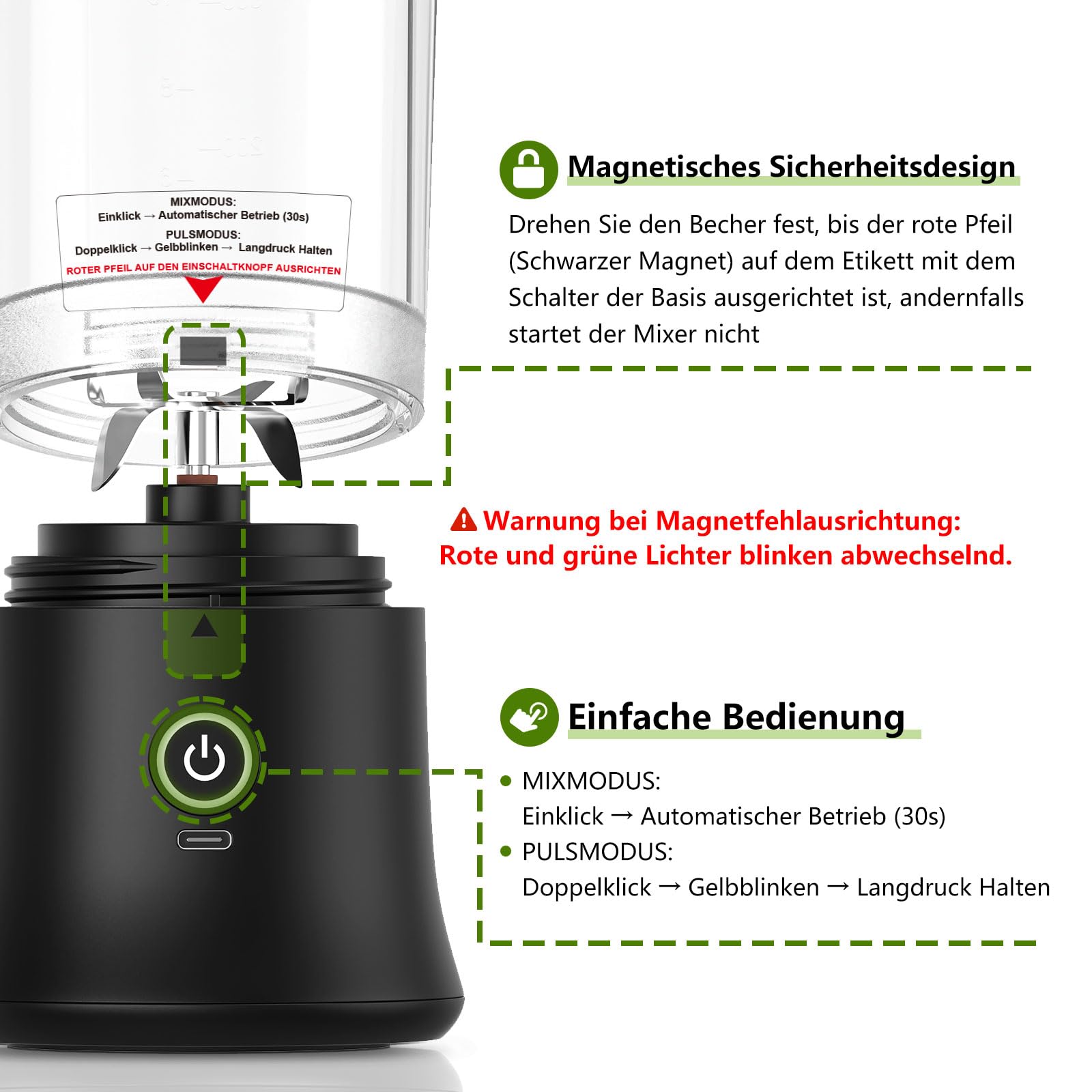 DENOKIN Tragbarer Mixer mit Trinkdeckel, 500ml, Mini Standmixer für Unterwegs, Wiederaufladbar mit USB-C, Kabellos Smoothie Maker to Go für Smoothies, Shakes, Schwarz