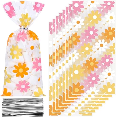 Whaline 100 bolsas de celofán con margaritas de celofán con lazos plateados, retro, hippie, bohemio, para fiestas, flores coloridas, bolsas de