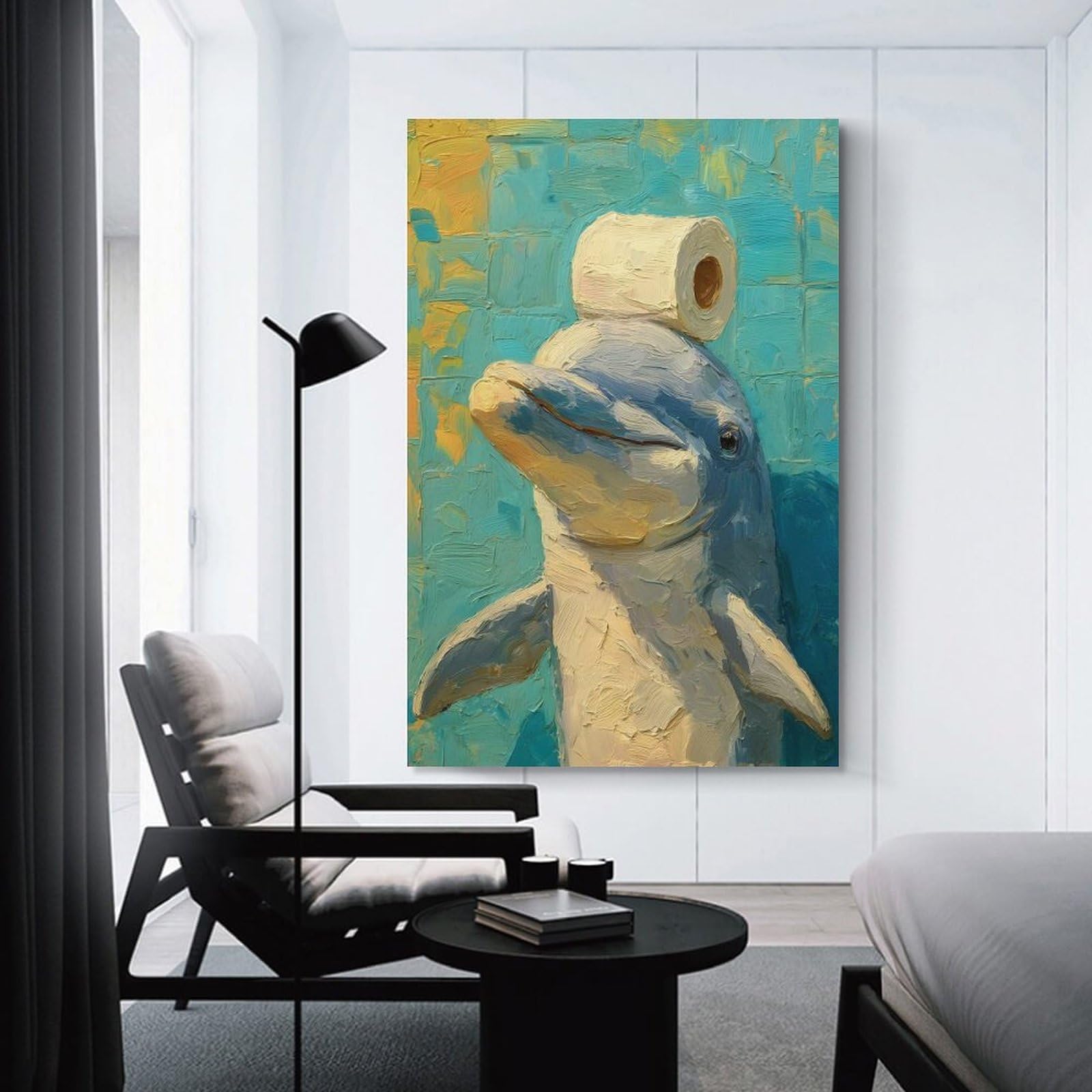 Junmoney Dolphin with Toilet Paper Painting Wall Art Print, 24x36inch(60x90cm), for Corridors, Hallways Or Apartment Entries, Wall Decor to Refresh Empty Corners