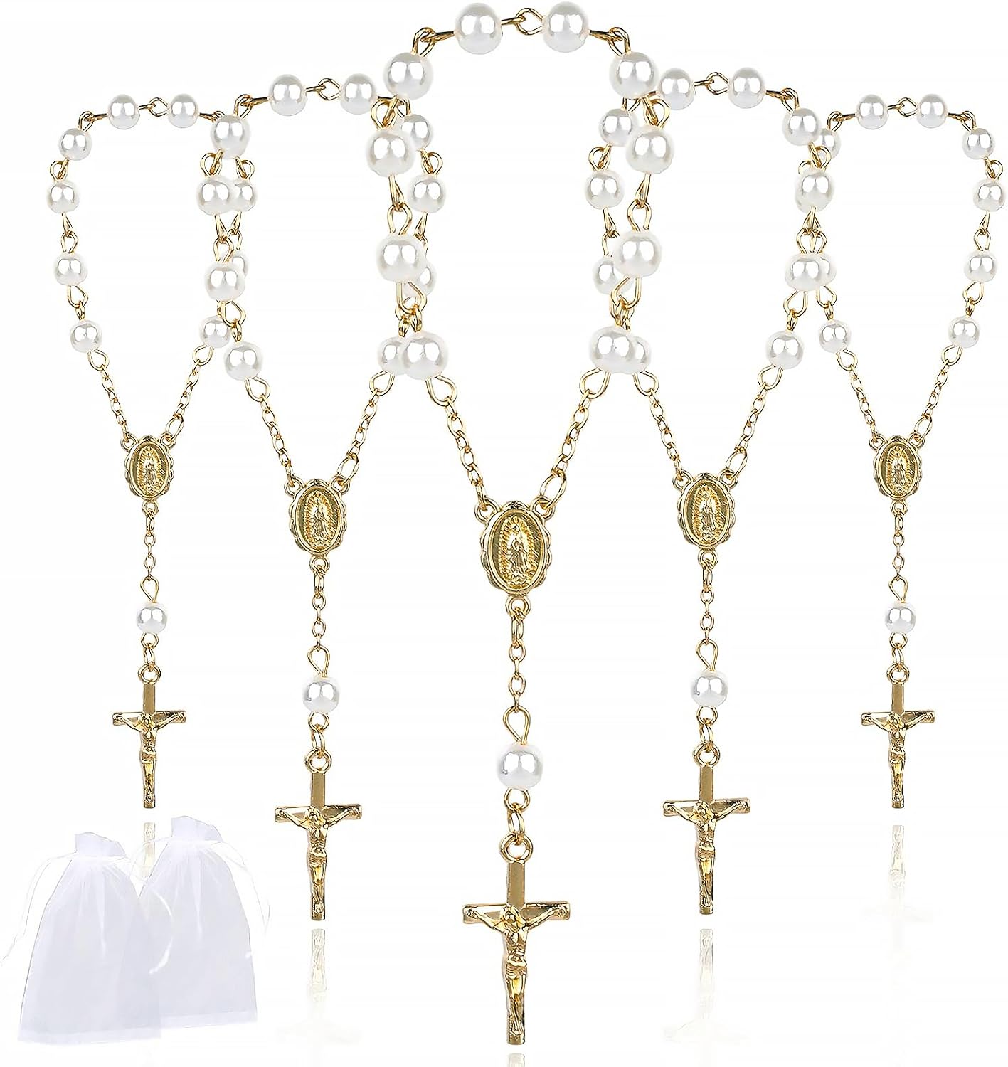 30Pcs Mini Rosary Beads Ivory Color Faux Pearls Cross Bracelet Rosaries in Bulk with Gift Bags Communion Decorations Baptism Favors for Guests Women Christening Weddings Party