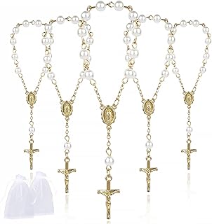 30Pcs Mini Rosary Beads Ivory Color Faux Pearls Cross Bracelet Rosaries in Bulk with Gift Bags Communion Decorations Baptism Favors for Guests Women Christening Weddings Party