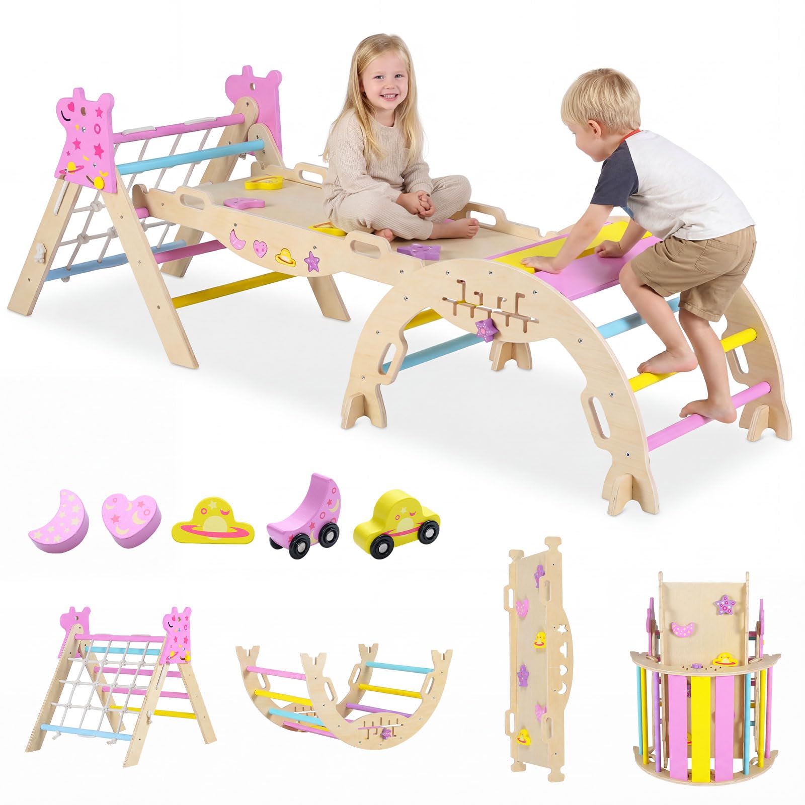 RELAX4LIFE Set da Arrampicata per Bambini, Triangolo di Arrampicata con Scivolo e Arco, Gioco di Incastri in Legno, Gioco Montessori per Bambini 1+ Anni (Unicorno con Rete-3 Pezzi | Macaron)