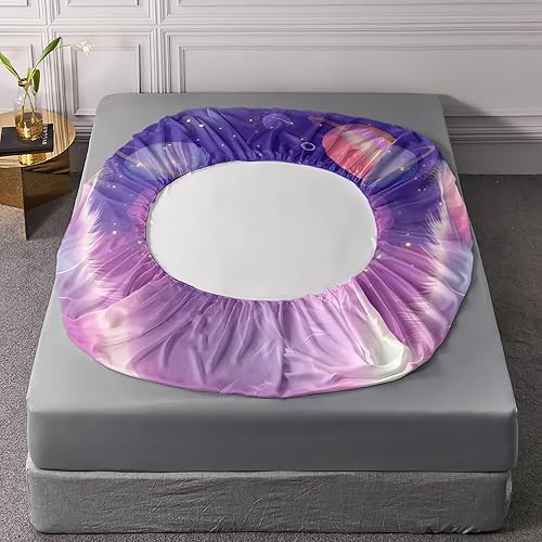 Miniatura 5 de AILONEN Juego de sábanas bajeras de tamaño Queen, juego de sábanas de planeta de gato de ensueño para niños y niñas, juego de sábanas de 3 piezas