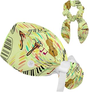 FVQL 2 Pieces Surgical Cap for Long Hair Scrub Cap with Hairband Nurse Cap, Colorful Pattern Music Abstract