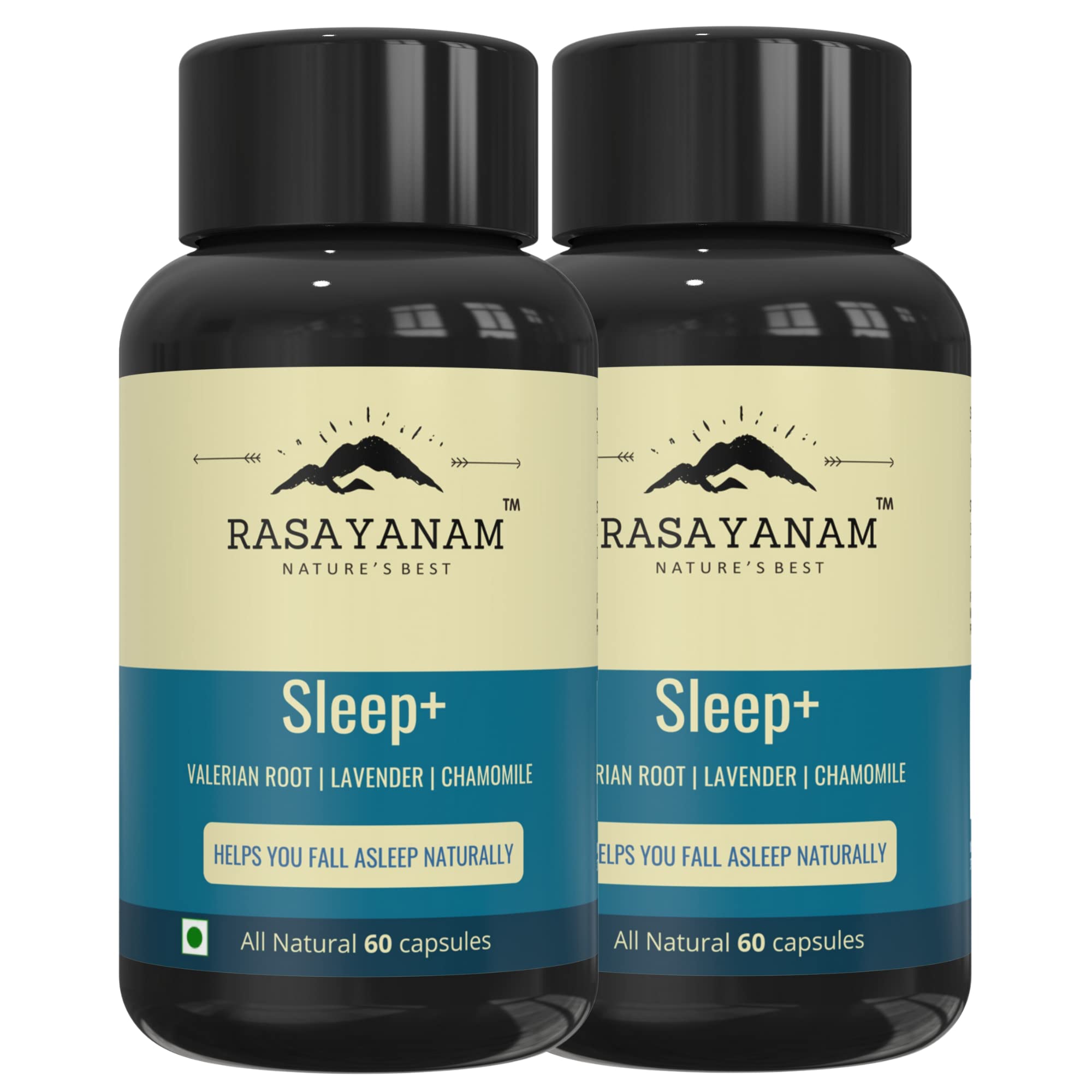 Rasayanam スリープ+ 2個パック | バレリアンルート ラベンダー カモミール | 穏やかで自然に眠れます | 習慣のない形成