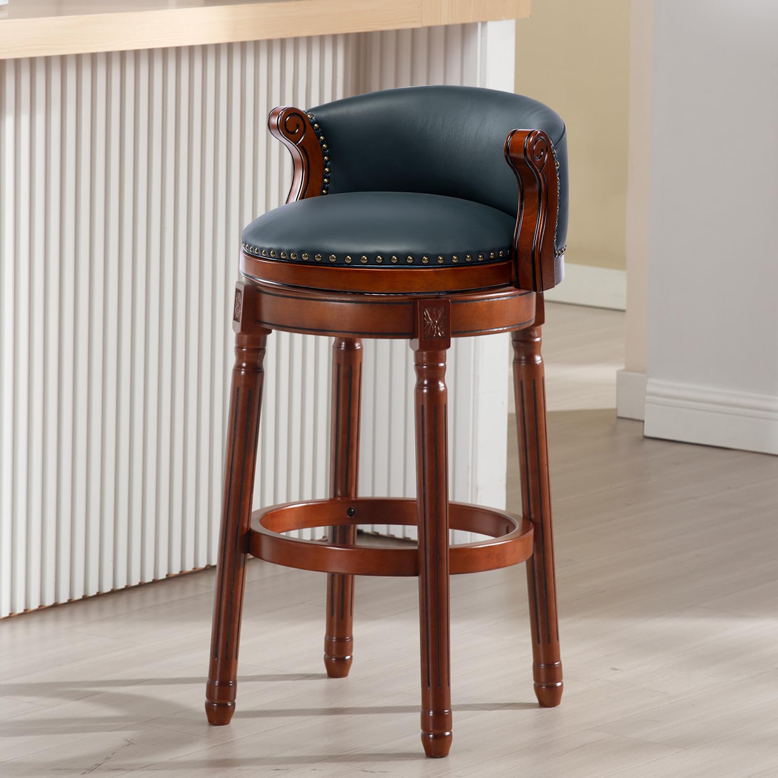 Cow top Leather Wooden Bar Stools, 29.5" Counter Height Bar Chair with Back, 180 Degrees Swivel Barstools Chair for Home Kitchen Counter ,Dining Room, Restaurant,Study and Pub,1pc (Dark Blue) - 2