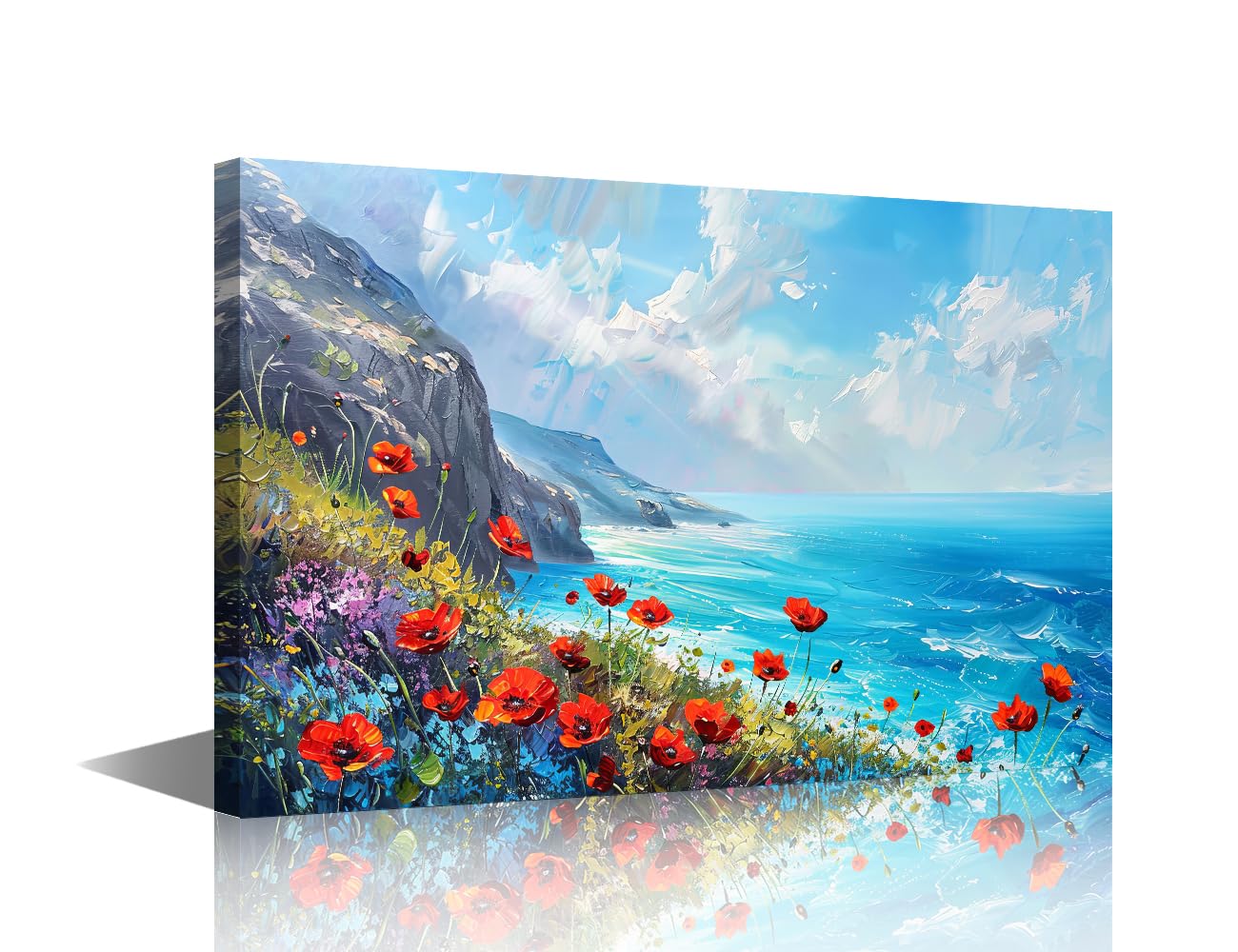 Blooming Wildflowers Canvas Wall Art - Seascape Print for Bedroom, Living Room, Office - Contemporary Framed Picture Ready to Hang - 12"Wx18"H