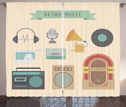 Lunarable Jukebox Curtains, Retro Music Lettering Old Style Music Element Tape Radio Record Plate Walkman Print, Living Room Bedroom Window Drapes 2