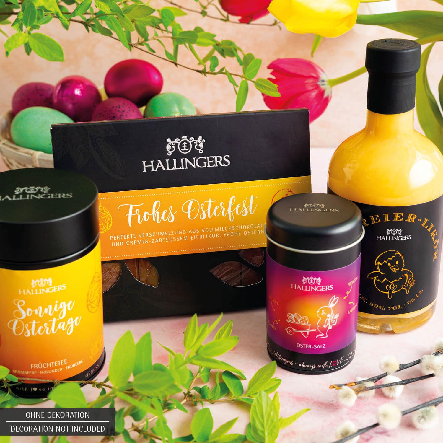 Hallingers Genuss Manufaktur Feinkost Oster-Geschenk-Set - XXL-Wundertüte "Gruß vom Osterh..." großes Osternest Oster-Schokolade, Eierlikör, Früchtetee & Salz, Ostern Körbchen für Frauen Mädchen