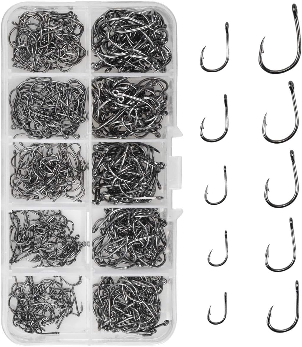 500pcs Fishing Hooks Carbon Steel Barbed Fishing Hooks Eyed Sea Fish Hooks Carp Fishing Tackle Carp Circle Hooks for Saltwater Freshwater Fishing Accessories, No.3-No.12, 10 Sizes with Compartment Box