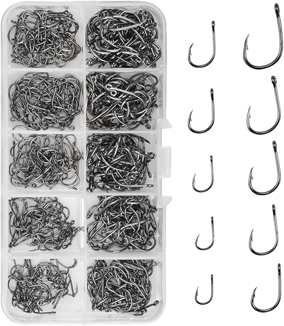 500pcs Fishing Hooks Carbon Steel Barbed Fishing Hooks Eyed Sea Fish Hooks Carp Fishing Tackle Carp Circle Hooks for Saltwater Freshwater Fishing Accessories, No.3-No.12, 10 Sizes with Compartment Box