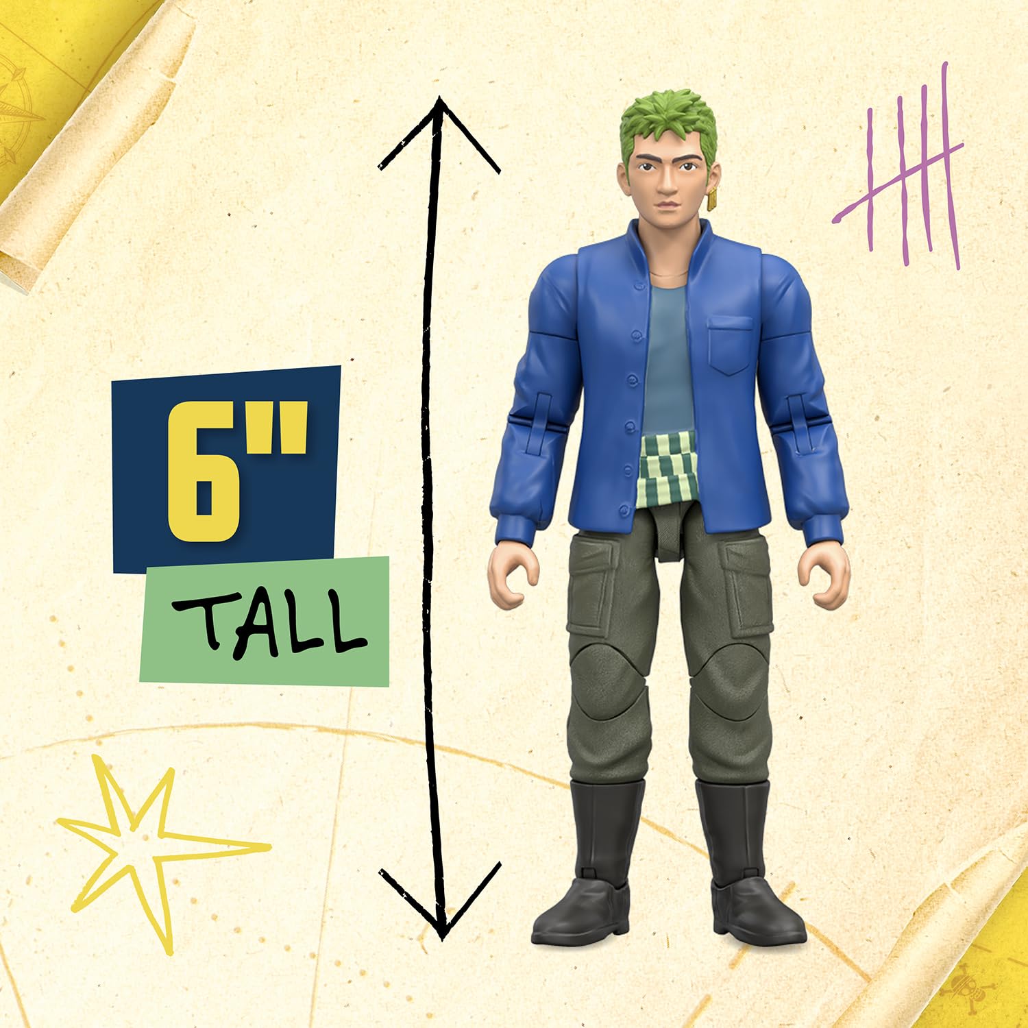 One Piece Figura de acción de Zoro 15,24 cm con 5 Accesorios; Incluye Espadas Intercambiables, una Funda para Espadas, un Rostro Intercambiable y una Base de exposición con Forma de Berry