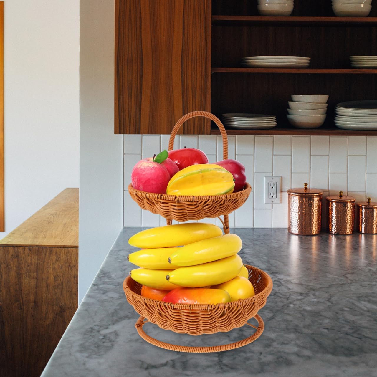VOSAREA 2 Tier Fruit Basket, Natural Wicker Bread, Rattan Weaving Serving Standing Tray Willow Food Storage for Serving Vegetable Kitchen Home