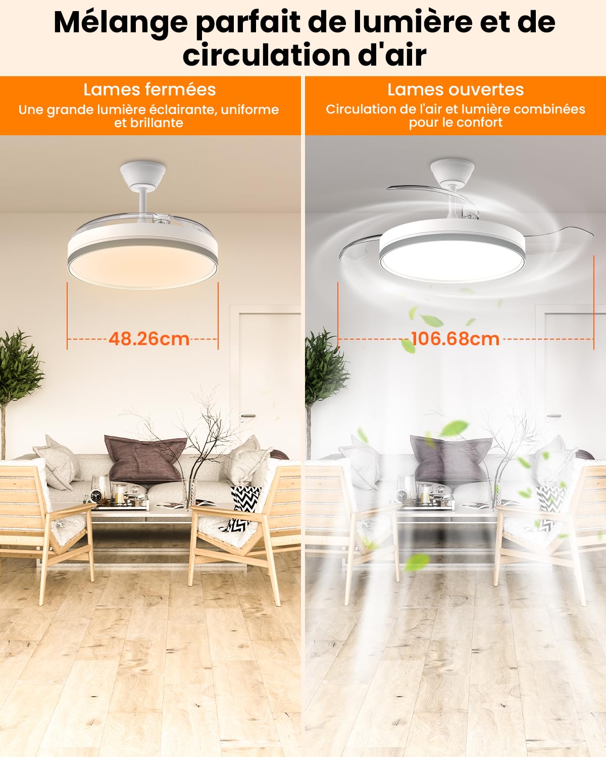 Airwit 106cm Rétractable Silencieux Ventilateur Plafond avec Lumière, 6 Vitesses, Télécommande, 3 Températures de Couleur