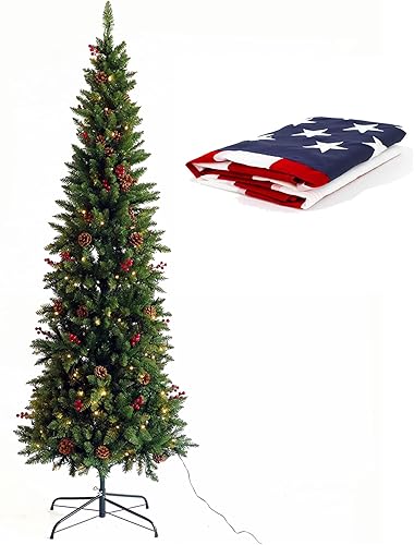 Miniatura 1 de Árbol de Navidad artificial delgado con bandera estadounidense de poliéster 210D de 3 x 5 pies sensación de lápiz preiluminado abeto real flaco con