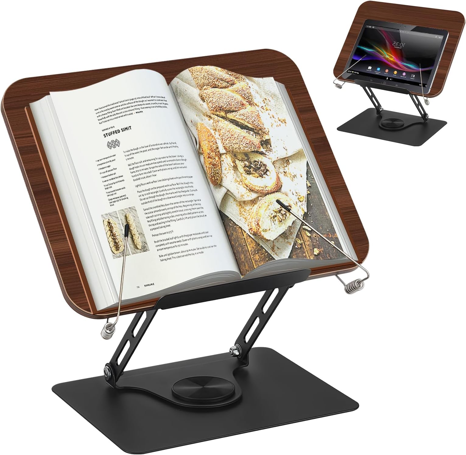Wooden Book Stand, Adjustable, 360° Rotating Book Holder, Reading Stand with Side Clip, Foldable & Portable, Elegant Wooden Book Stand for Cookbook, Recipe, Tablet, Laptop, Magazine, Office & Kitchen