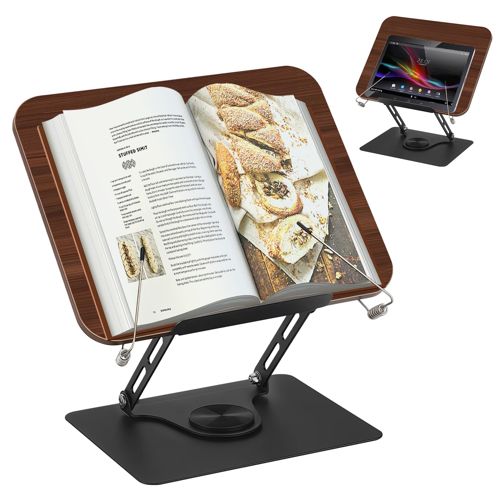 Supporto per libri in legno, regolabile, porta-libri girevole a 360°, supporto da lettura con clip laterale, pieghevole e portatile, elegante supporto per libri in legno per libri di cucina, ricette