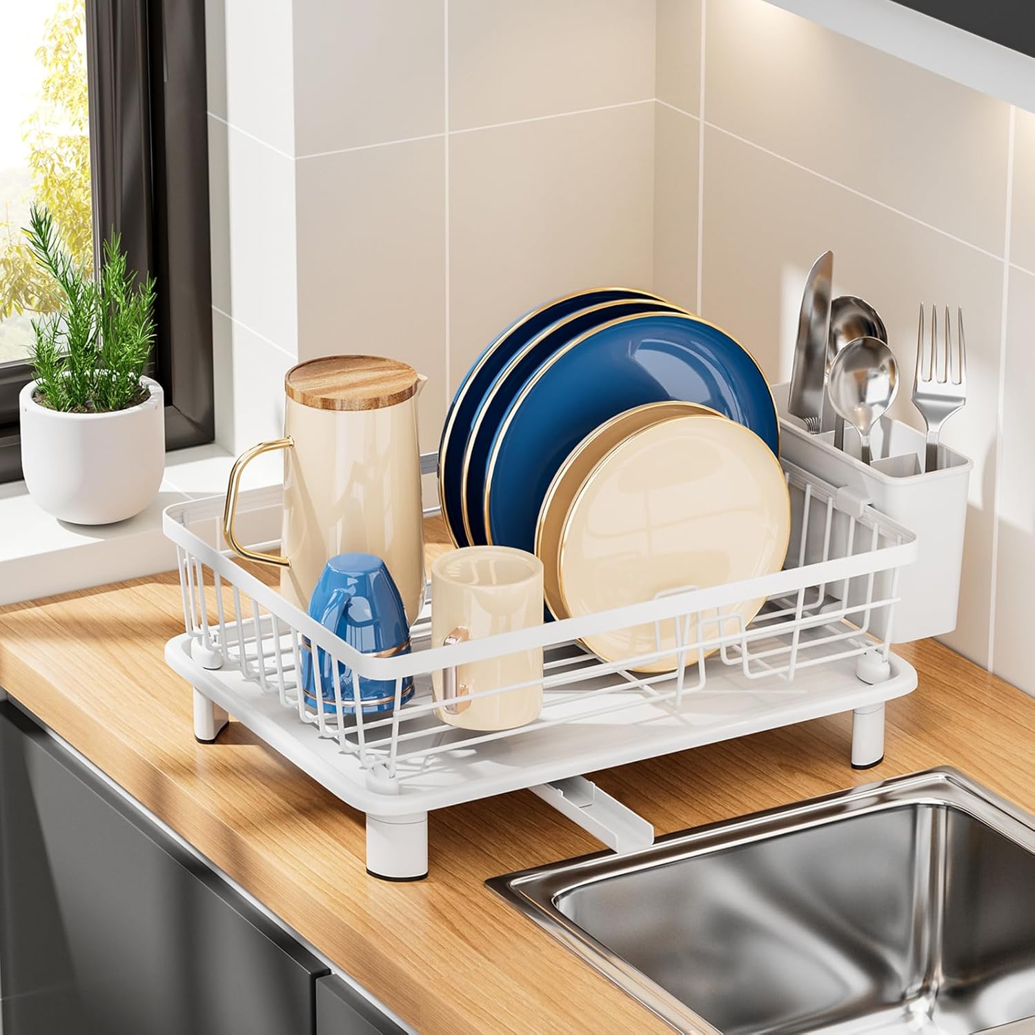 Dish Drying Rack, Stainless Steel Dish Racks for Kitchen Counter, Sink Organization and Storage Essentials, Kitchen Organizer for Forks, Spoons Dishes,Cup and Bottle (White, 14.96''*11.02''*6.69'')