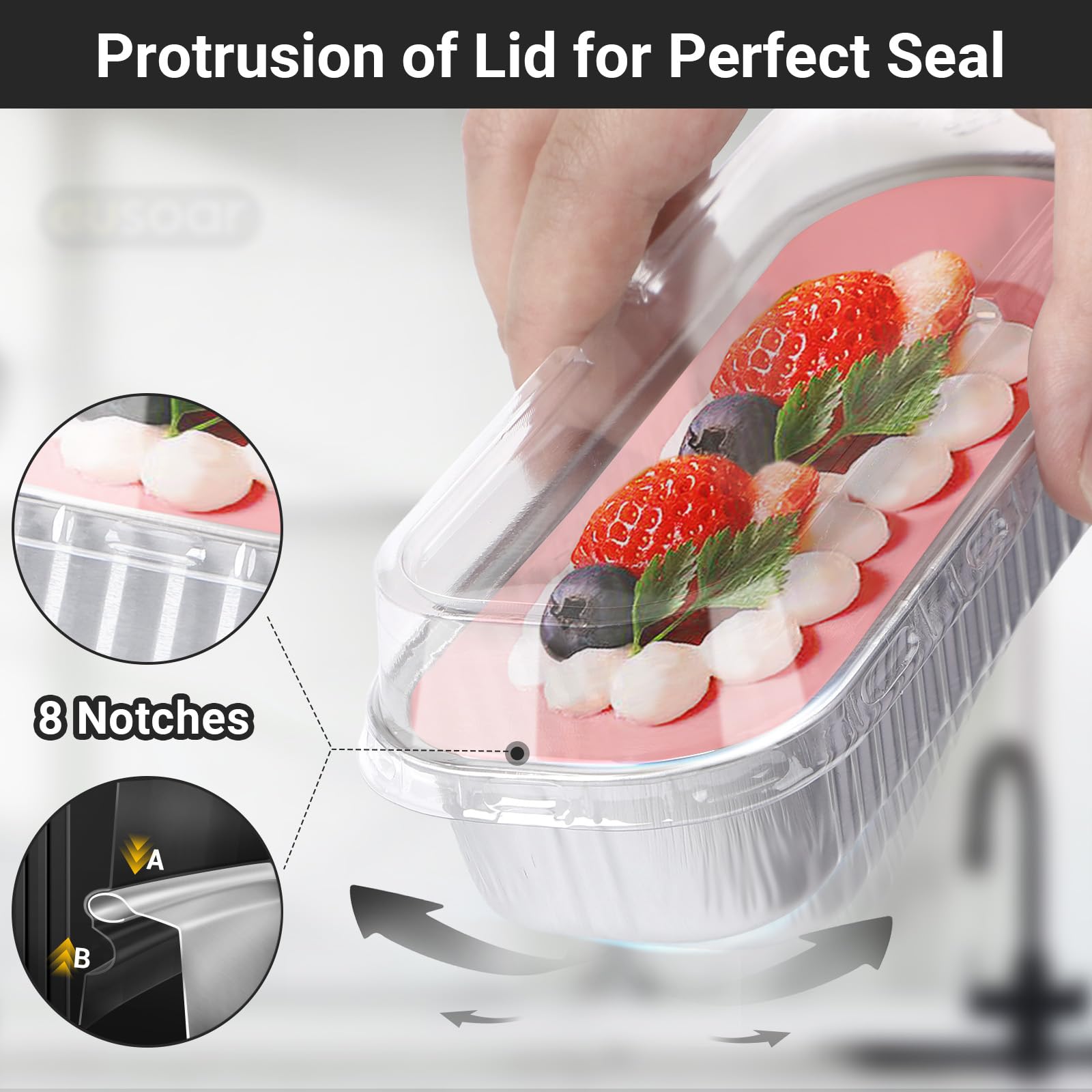 EUSOAR Pirottini da forno con coperchi, 50 pezzi, 192,8 g, 16,5 x 6,3 x 3 cm, in alluminio, usa e getta, mini teglie da forno con coperchio, contenitori per cupcake, cheesecake, creme, brûlée