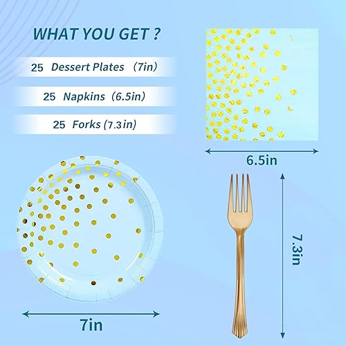 Miniatura 2 de Juego de platos y servilletas de papel azul dorado, platos de postre de 25 x 7 pulgadas, servilletas de 25 x 6.5 pulgadas y tenedores de 25 x 7.3