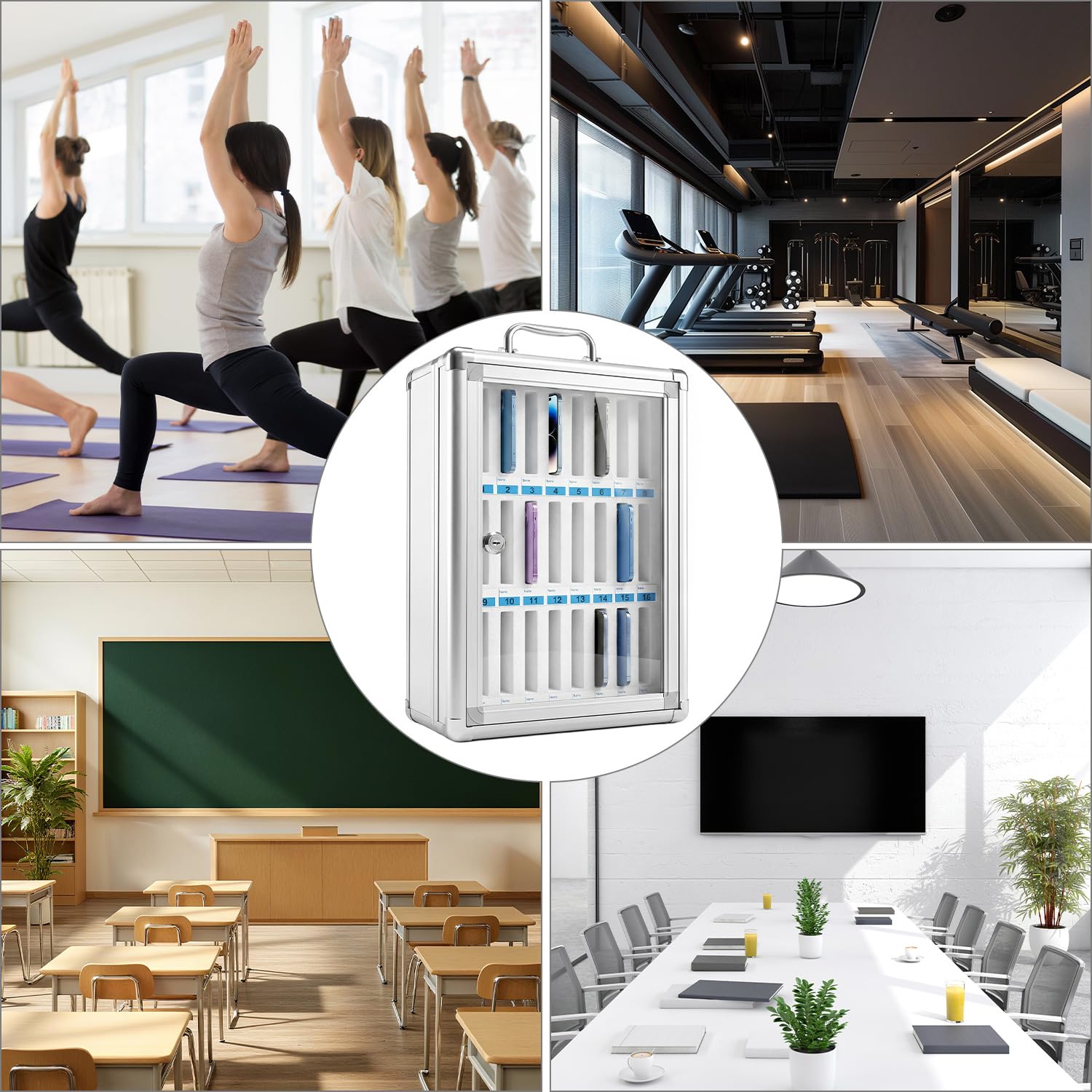 QWORK® Armadietto per Cellulari in Alluminio a 24 Scomparti – Mobile Porta Cellulare con Serratura di Sicurezza per Scuola, Ufficio e Palestra – Organizer Smartphone da Parete, Argento