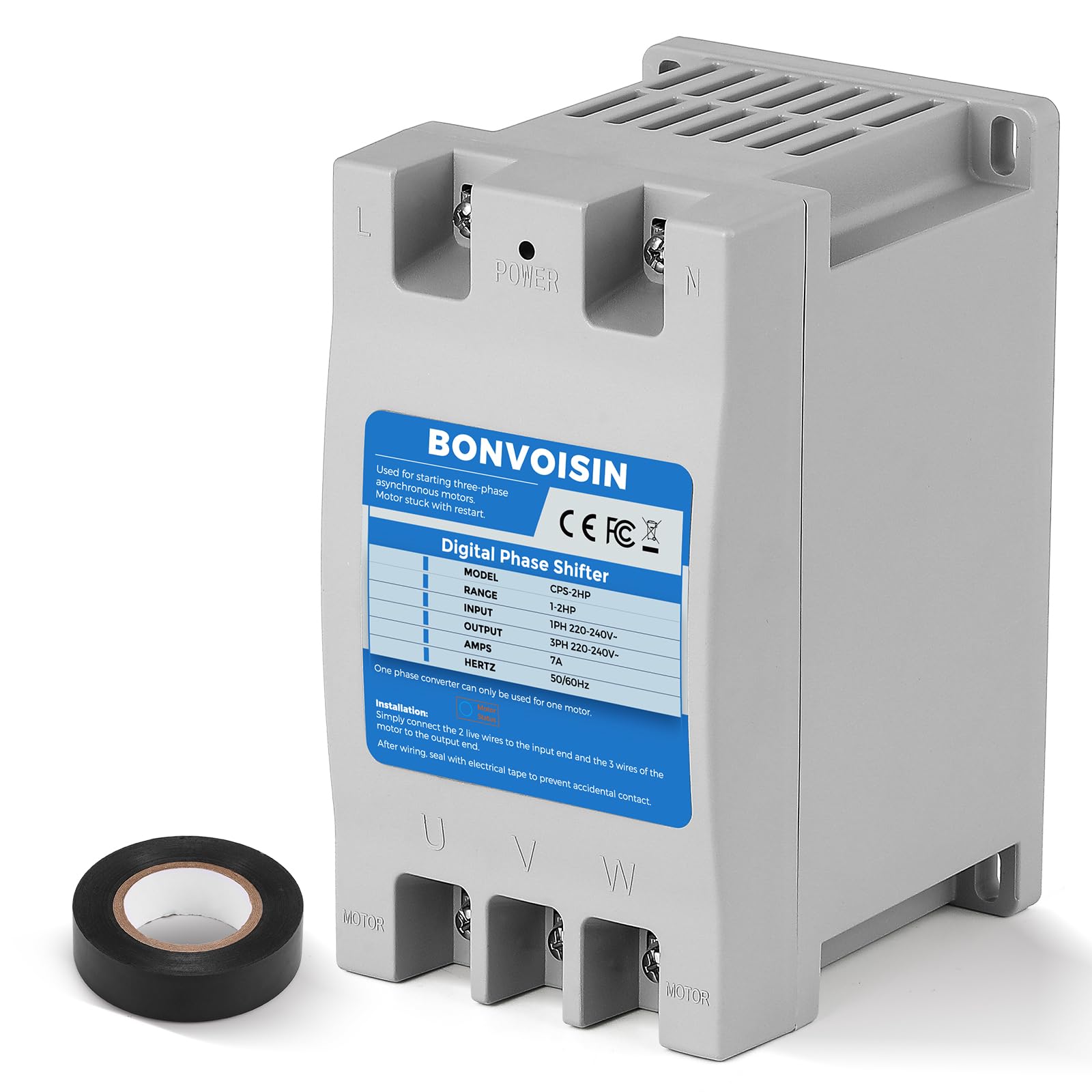 Bonvoisin Single Phase to 3 Phase Converter 2HP(1.5kW) Digital Phase Shifter, 7A 220V-240V Input/Output, One Converter only for one Motor.