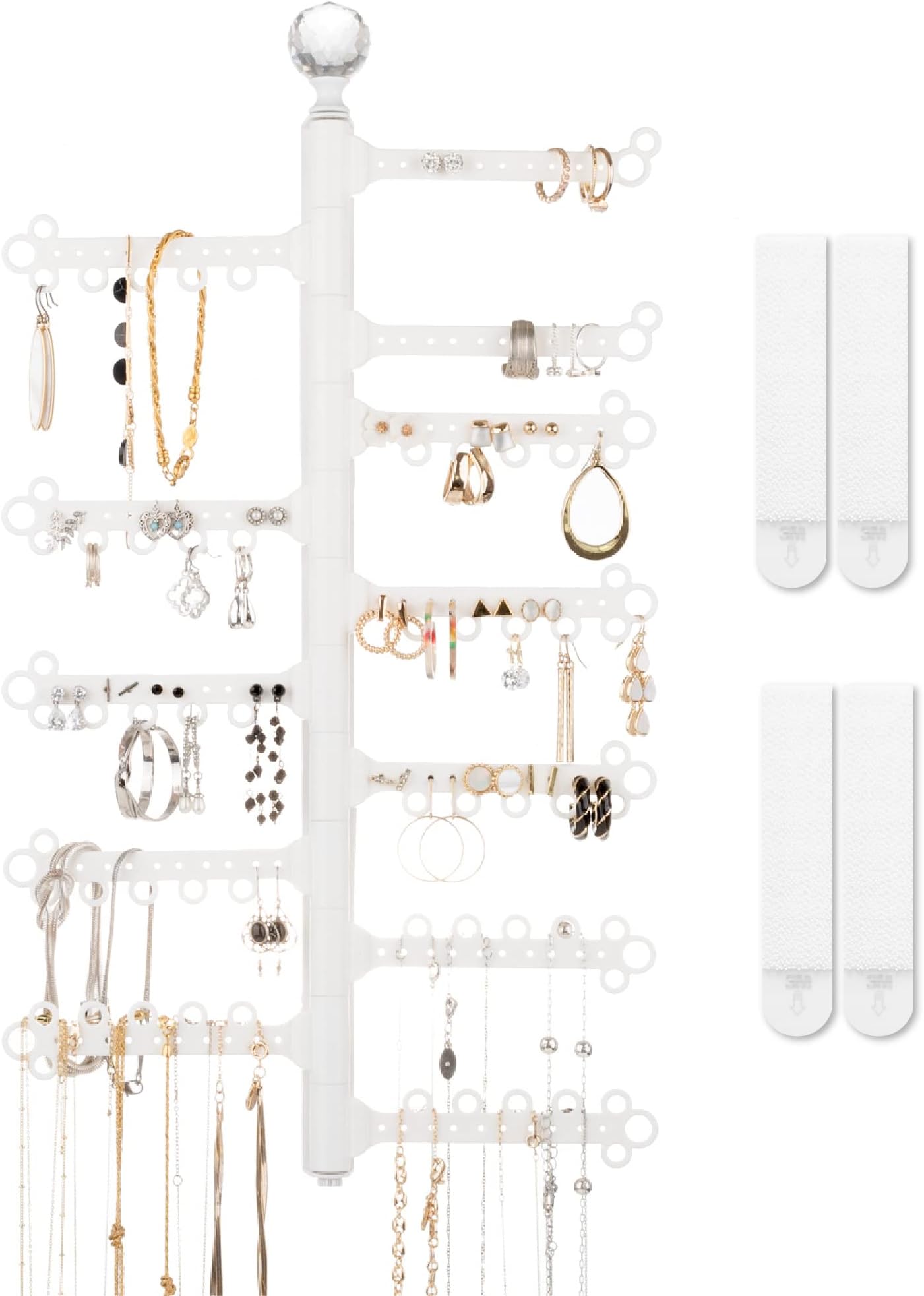 All Hung Up 12-Tier Hanging Jewelry Organizer : 120-Hole Rotating Branch Earring Wall Organizer : Necklace Holder : Bracelet Ring Storage : Tall 17” : Command Strips included (White)