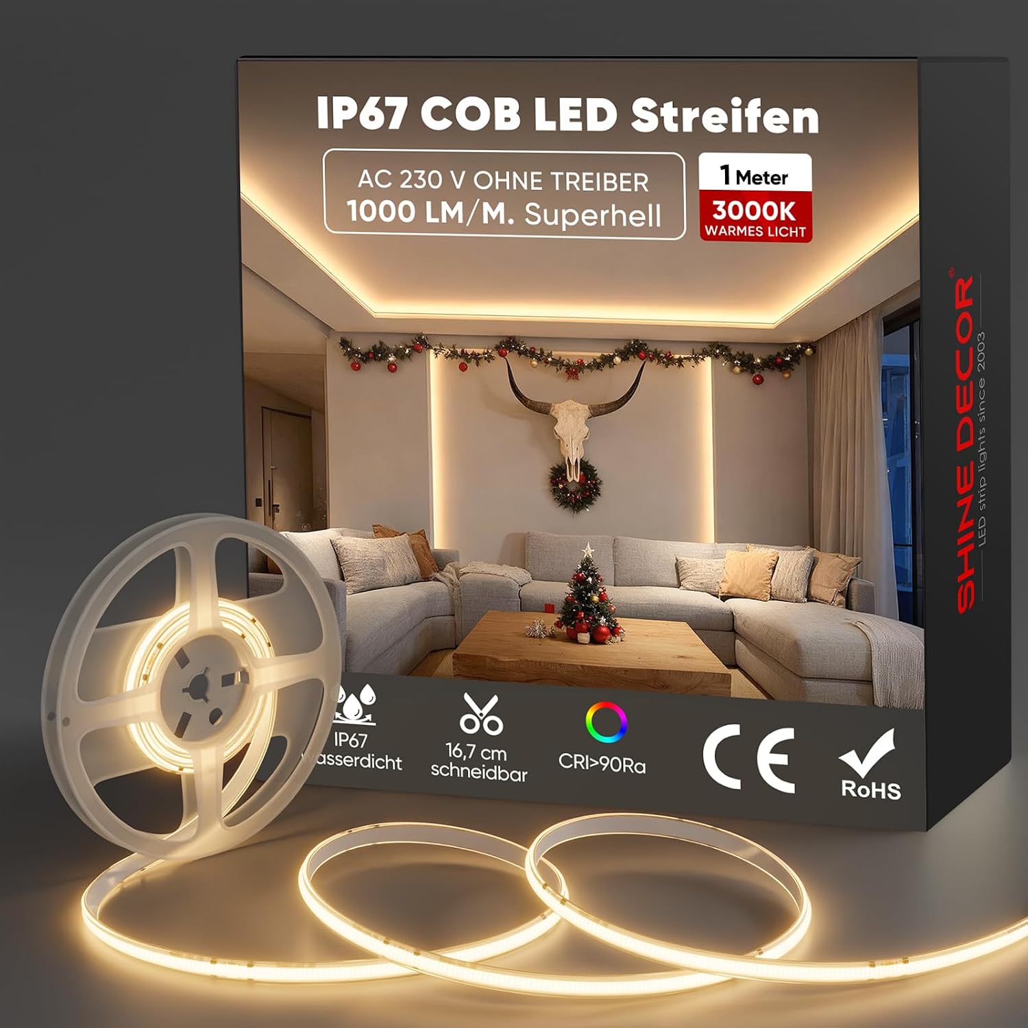 Shine Decor COB LED Strip 1 m AC 230 V IP67 Waterproof Flexible LED Neon Fairy Lights 432 LEDs/m Ultra Bright Strip Light Strip for Indoor Outdoor Lighting 3000 K Warm White CE Certified [Energy Class G]